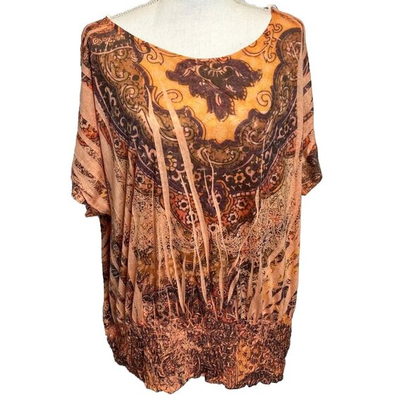 Carole Little Plus Size 3X Blouse Abstract Boho‎ Print Short Sleeve Flowy Top - Picture 1 of 7